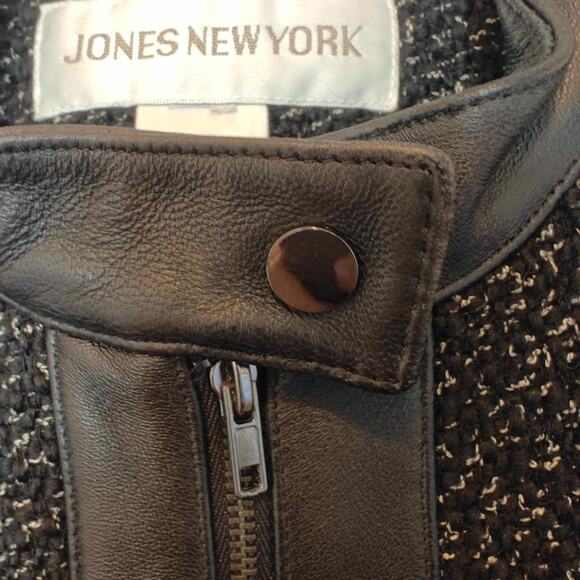 Jones New York Womens Large Virgin Wool leather Zip Up Black tweed Jacket - Picture 3 of 9